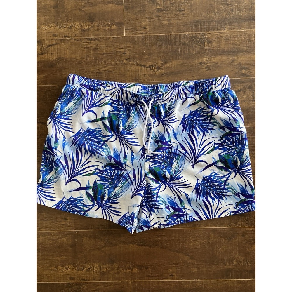 Reel Legends Swim Trunks Mens XL Blue Tropical Palm Elastic Waist Drawstring